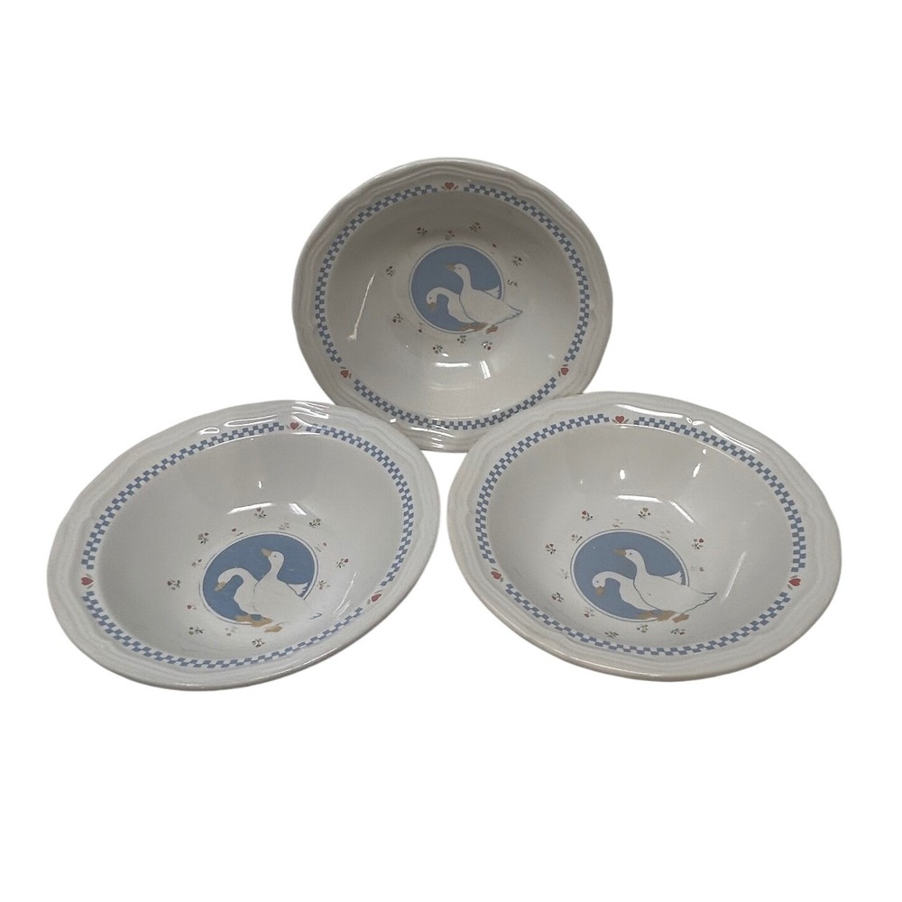 Vintage Moonlight Stoneware Goose Bowls Set of 3 Blue White Checkered Heart 7.5"